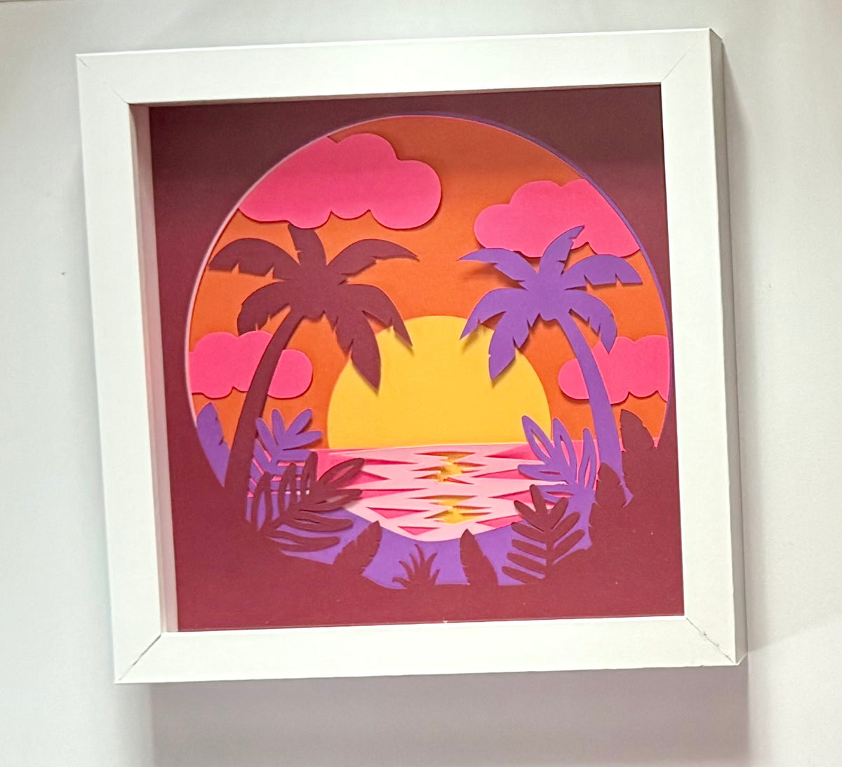 Sunset and Palm Trees layered paper shadow box - 8x8 - White Frame