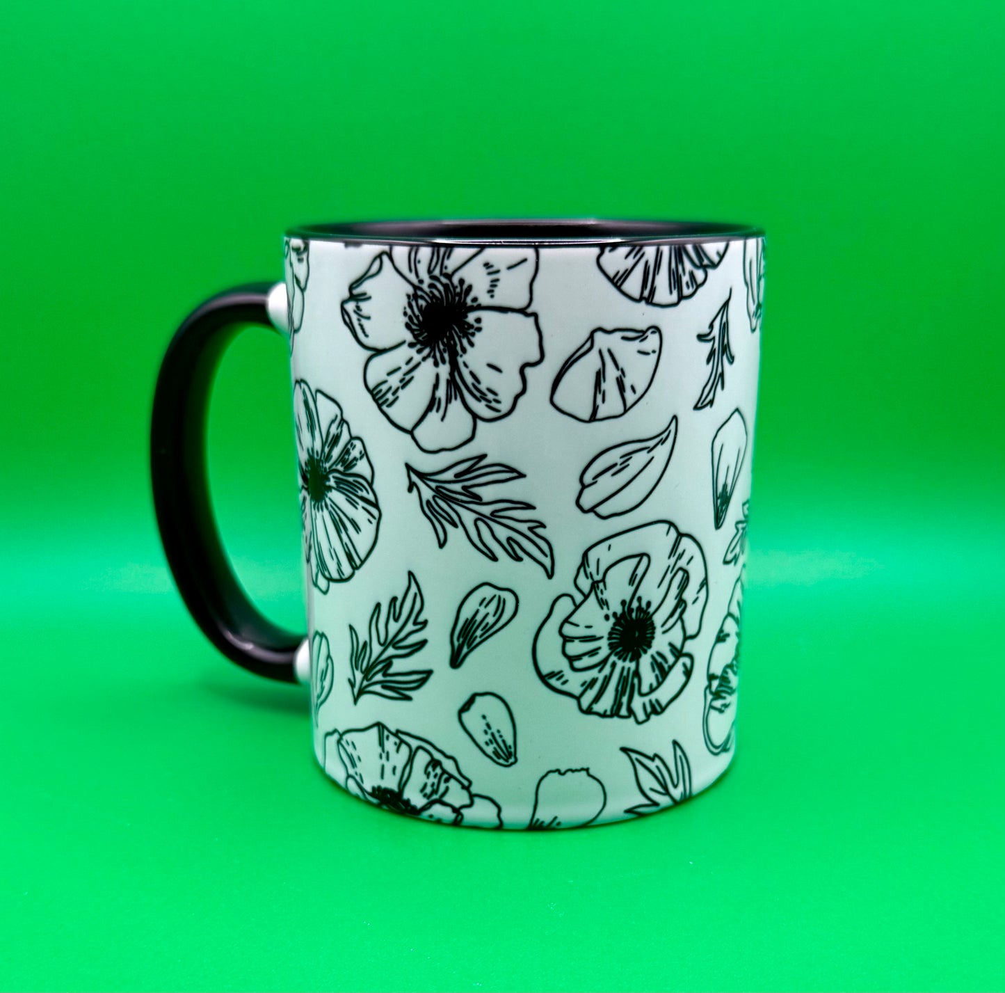 Black & White Floral Mug, 12oz
