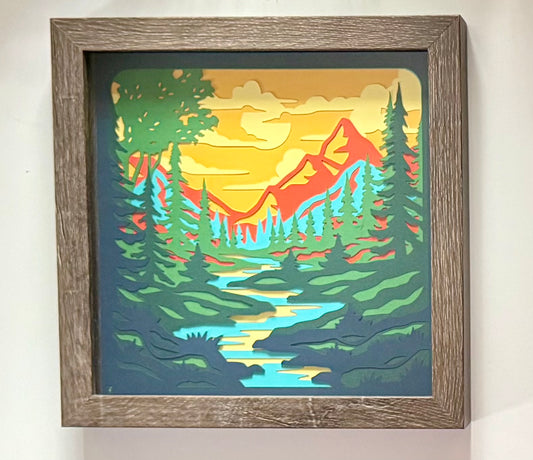 Mountain Vista layered paper shadow box - 8x8 - Wood Grain Frame